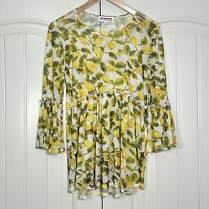 Mishca Sheer Mesh All Over Lemon Print Peplum Top Womens Sz S Stretch Whimsical